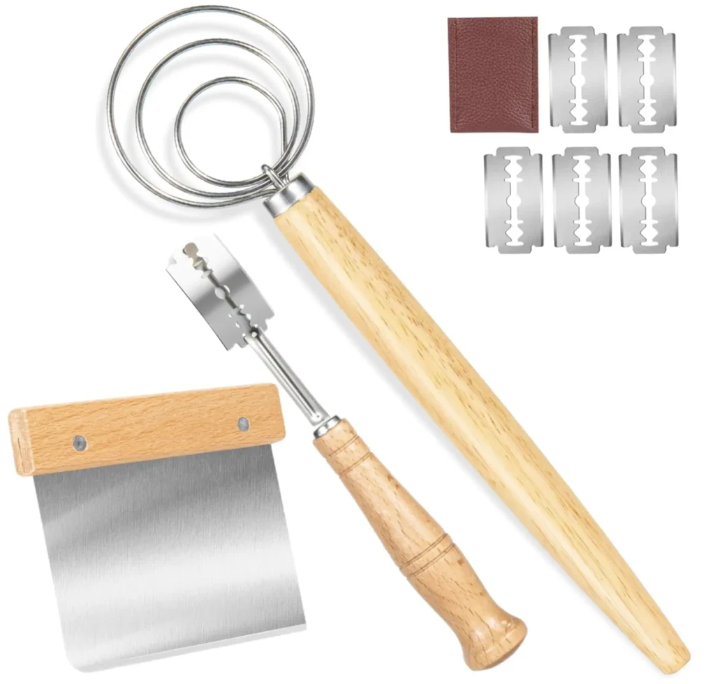 Danish Dough Whisk - Bread Whisk Set of 3 pieces, Bread Making Tools and Supplies, Danish Sourdough Whisks, Dutch Whisks for Dough, With Dough Scraper Sourdough Cutter, Lame Doughs Scoring Tool Blades